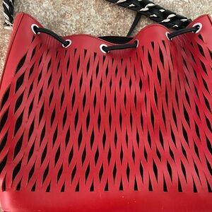 Sonia Rykiel Red Le Baltard Bucket Bag Purse Leather Chain Strap Grommets Lined